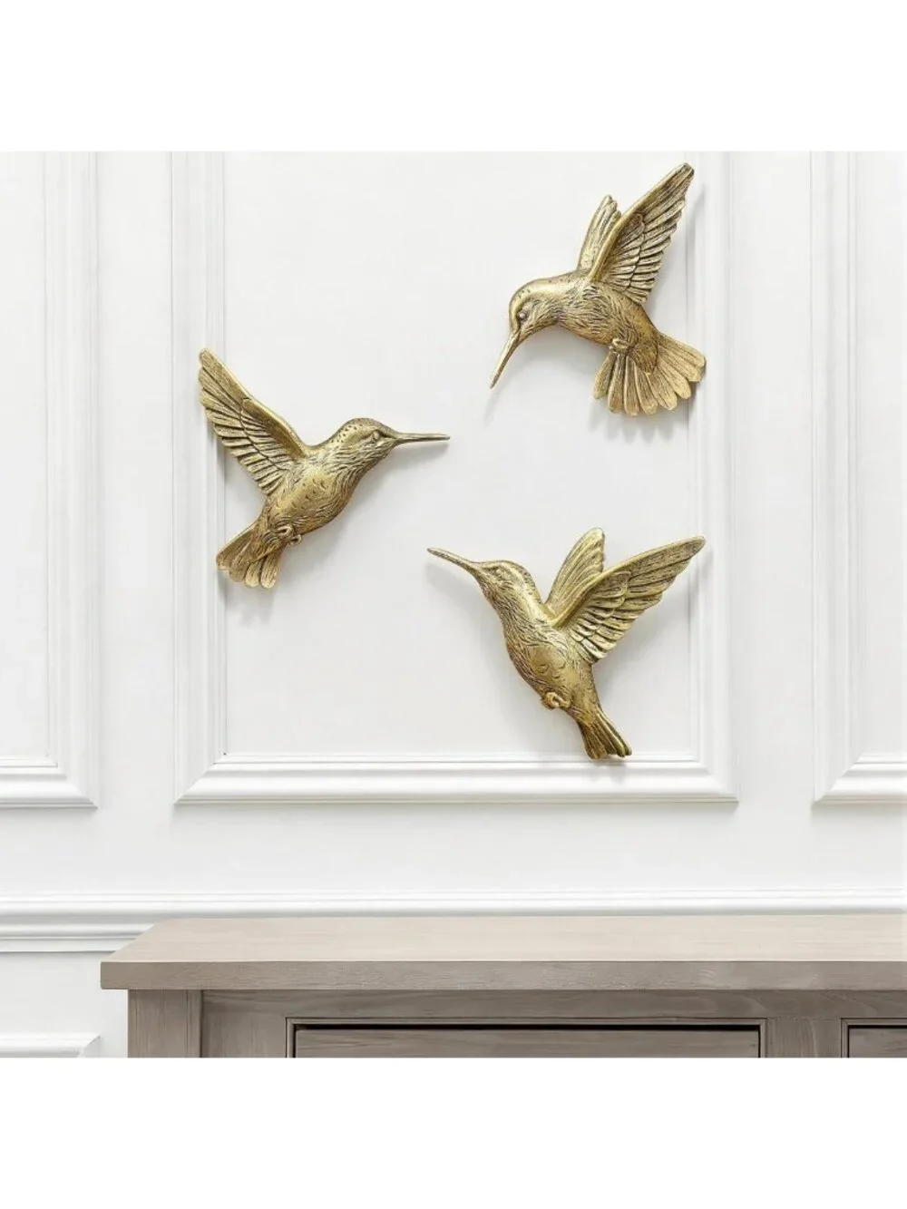 3D Hummingbird Wall Decor Set - Vintage Gold Brass Resin Birds for Living Room